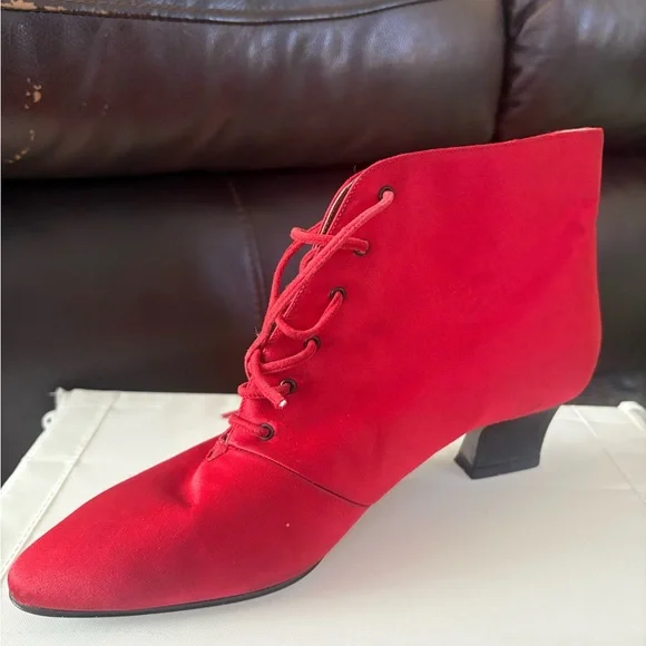 Vintage Yves Saint Laurent Red Satin Lace-Up Ankle BootsItalyBlock Heel